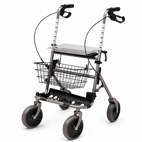 Rollator à quatre roues avec panier et assise