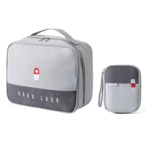 Trousse de secours vide en textile gris avec compartiments