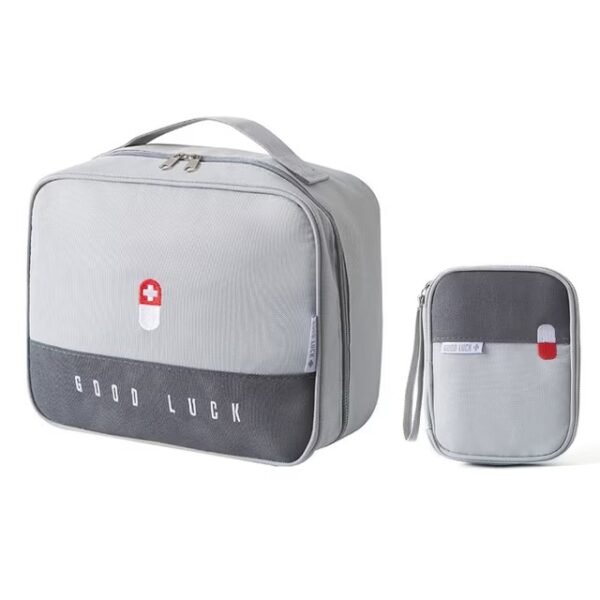 Trousse de secours vide en textile gris avec compartiments